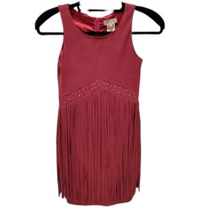 Elisa B Suede Like Burgundy Fringe Dress